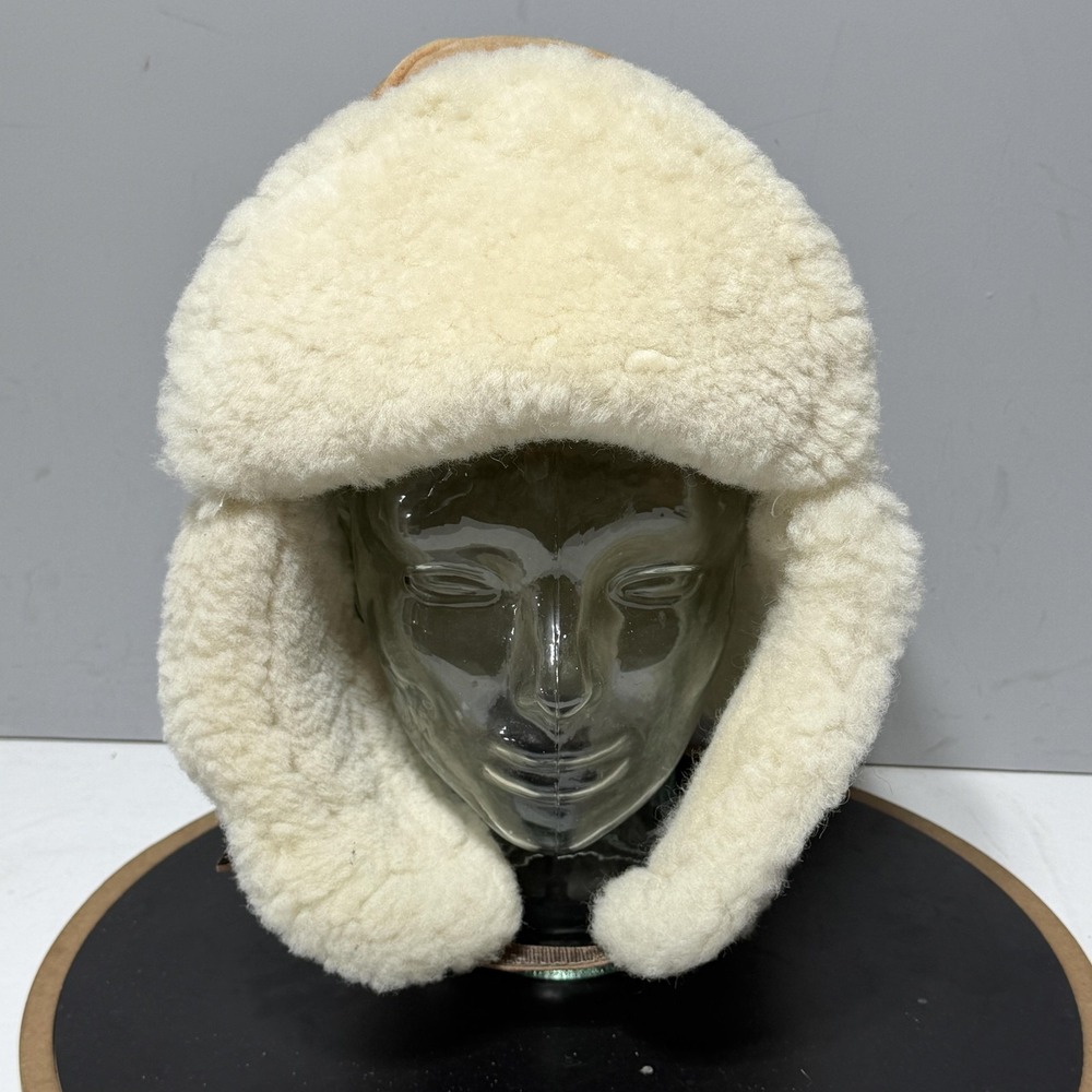 Unbranded Shearling Trapper Hat Men Aviator Tan White Suede Wool Outdoor